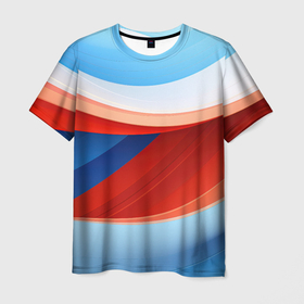 Мужская футболка 3D с принтом Синие белые красные волнистые линии в Курске, 100% полиэфир | прямой крой, круглый вырез горловины, длина до линии бедер | 