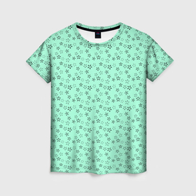 Женская футболка 3D с принтом Светло зелёный цветочки паттерн в Санкт-Петербурге, 100% полиэфир ( синтетическое хлопкоподобное полотно) | прямой крой, круглый вырез горловины, длина до линии бедер | Тематика изображения на принте: 
