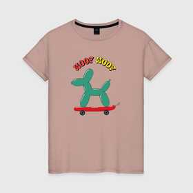 Женская футболка хлопок с принтом Собака шарик   woof в Кировске, 100% хлопок | прямой крой, круглый вырез горловины, длина до линии бедер, слегка спущенное плечо | 