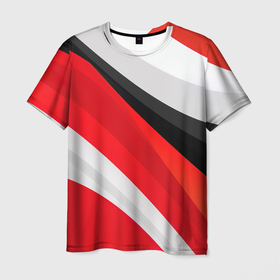 Мужская футболка 3D с принтом Красные черные и белые полосы в Петрозаводске, 100% полиэфир | прямой крой, круглый вырез горловины, длина до линии бедер | 