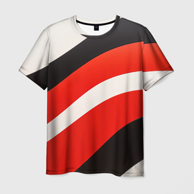 Мужская футболка 3D с принтом Белый красный черный волнистый стиль в Петрозаводске, 100% полиэфир | прямой крой, круглый вырез горловины, длина до линии бедер | 
