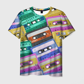 Мужская футболка 3D с принтом Аудио кассеты разноцветные , 100% полиэфир | прямой крой, круглый вырез горловины, длина до линии бедер | Тематика изображения на принте: 