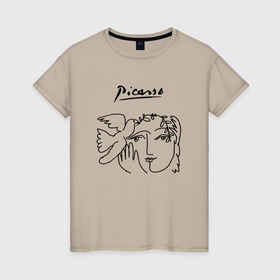 Женская футболка хлопок с принтом Пикассо Лицо Мира   белый голубь силуэт , 100% хлопок | прямой крой, круглый вырез горловины, длина до линии бедер, слегка спущенное плечо | 
