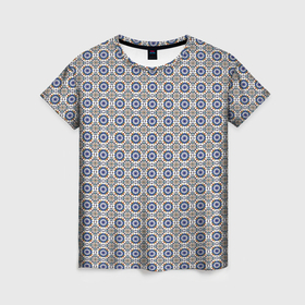 Женская футболка 3D с принтом Сине белая марокканская мозаика в Курске, 100% полиэфир ( синтетическое хлопкоподобное полотно) | прямой крой, круглый вырез горловины, длина до линии бедер | Тематика изображения на принте: 