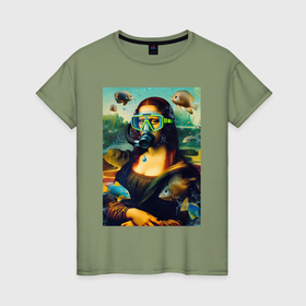 Женская футболка хлопок с принтом Мона Лиза под водой   нейросеть в Белгороде, 100% хлопок | прямой крой, круглый вырез горловины, длина до линии бедер, слегка спущенное плечо | 