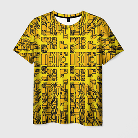 Мужская футболка 3D с принтом Жёлтые фигуры с эффектом рыбьего глаза в Белгороде, 100% полиэфир | прямой крой, круглый вырез горловины, длина до линии бедер | 