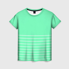 Женская футболка 3D с принтом Аквамарин с белыми тонкими полосами в Санкт-Петербурге, 100% полиэфир ( синтетическое хлопкоподобное полотно) | прямой крой, круглый вырез горловины, длина до линии бедер | 