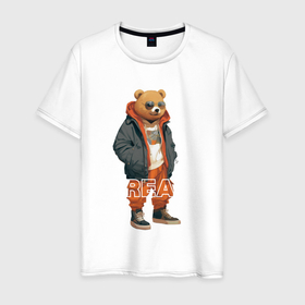 Мужская футболка хлопок с принтом Модный медведь в одежде в Белгороде, 100% хлопок | прямой крой, круглый вырез горловины, длина до линии бедер, слегка спущенное плечо. | 