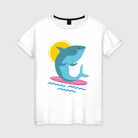 Женская футболка хлопок с принтом Акула серфит в Петрозаводске, 100% хлопок | прямой крой, круглый вырез горловины, длина до линии бедер, слегка спущенное плечо | 