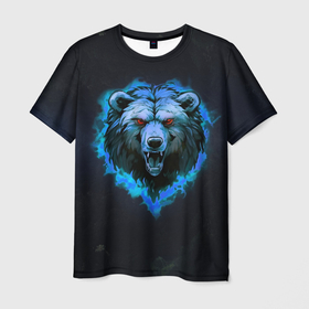 Мужская футболка 3D с принтом Пылающая эмблема медведя в Петрозаводске, 100% полиэфир | прямой крой, круглый вырез горловины, длина до линии бедер | 