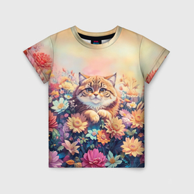 Детская футболка 3D с принтом Упитанный кот в цветах в Санкт-Петербурге, 100% гипоаллергенный полиэфир | прямой крой, круглый вырез горловины, длина до линии бедер, чуть спущенное плечо, ткань немного тянется | Тематика изображения на принте: 