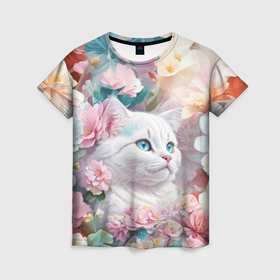 Женская футболка 3D с принтом Белошерстный котик в Кировске, 100% полиэфир ( синтетическое хлопкоподобное полотно) | прямой крой, круглый вырез горловины, длина до линии бедер | 