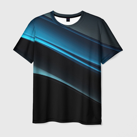 Мужская футболка 3D с принтом Геометрическая синяя абстракция на черном фоне  минимализм , 100% полиэфир | прямой крой, круглый вырез горловины, длина до линии бедер | 