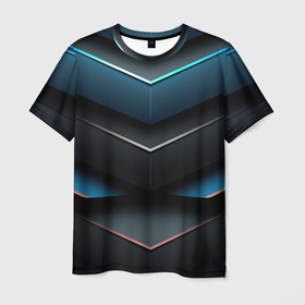 Мужская футболка 3D с принтом Геометрическая синяя абстракция на  черном фоне минимализм в Кировске, 100% полиэфир | прямой крой, круглый вырез горловины, длина до линии бедер | 