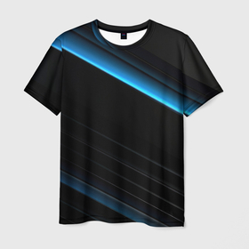 Мужская футболка 3D с принтом Геометрическая синяя абстракция на черном   фоне минимализм , 100% полиэфир | прямой крой, круглый вырез горловины, длина до линии бедер | 