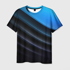 Мужская футболка 3D с принтом Геометрическая   синяя абстракция на черном фоне минимализм , 100% полиэфир | прямой крой, круглый вырез горловины, длина до линии бедер | 