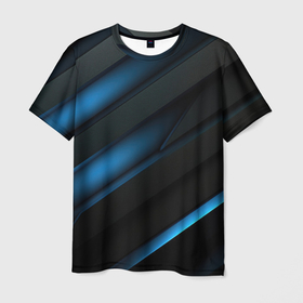 Мужская футболка 3D с принтом Темная синяя стильная абстракция на  черном фоне в Кировске, 100% полиэфир | прямой крой, круглый вырез горловины, длина до линии бедер | 