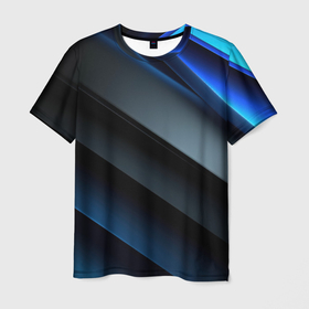 Мужская футболка 3D с принтом Темная синяя стильная абстракция  на черном фоне в Санкт-Петербурге, 100% полиэфир | прямой крой, круглый вырез горловины, длина до линии бедер | 