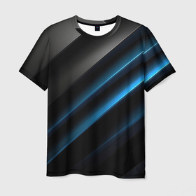 Мужская футболка 3D с принтом Темная синяя стильная  абстракция  на черном фоне в Санкт-Петербурге, 100% полиэфир | прямой крой, круглый вырез горловины, длина до линии бедер | 