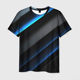 Мужская футболка 3D с принтом Синий стильный  абстрактный геометрический стиль на черном в Кировске, 100% полиэфир | прямой крой, круглый вырез горловины, длина до линии бедер | 