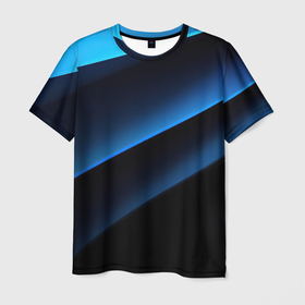 Мужская футболка 3D с принтом Синий стильный абстрактный  геометрический стиль на черном , 100% полиэфир | прямой крой, круглый вырез горловины, длина до линии бедер | 