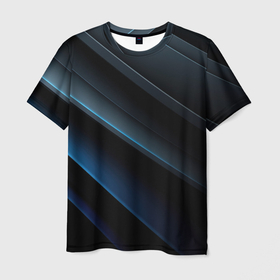 Мужская футболка 3D с принтом Синий стильный абстрактный   геометрический стиль на черном , 100% полиэфир | прямой крой, круглый вырез горловины, длина до линии бедер | 