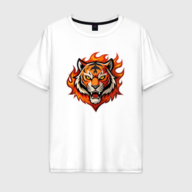 Мужская футболка хлопок Oversize с принтом Голова тигра  в огне в Екатеринбурге, 100% хлопок | свободный крой, круглый ворот, “спинка” длиннее передней части | Тематика изображения на принте: 