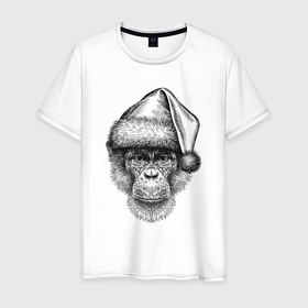 Мужская футболка хлопок с принтом Новогодний шимпанзе в Кировске, 100% хлопок | прямой крой, круглый вырез горловины, длина до линии бедер, слегка спущенное плечо. | 