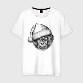 Мужская футболка хлопок с принтом Новогодний шимпанзенок в Кировске, 100% хлопок | прямой крой, круглый вырез горловины, длина до линии бедер, слегка спущенное плечо. | 