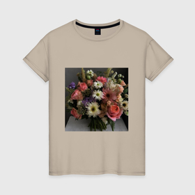 Женская футболка хлопок с принтом Букет цветов весенний в Белгороде, 100% хлопок | прямой крой, круглый вырез горловины, длина до линии бедер, слегка спущенное плечо | 
