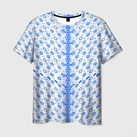 Мужская футболка 3D с принтом Синие киберпанк ячейки на белом фоне , 100% полиэфир | прямой крой, круглый вырез горловины, длина до линии бедер | 
