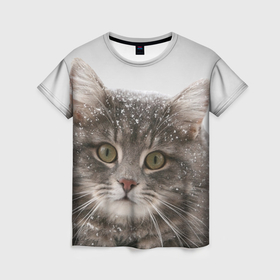 Женская футболка 3D с принтом Сибирская серая кошка в Санкт-Петербурге, 100% полиэфир ( синтетическое хлопкоподобное полотно) | прямой крой, круглый вырез горловины, длина до линии бедер | 