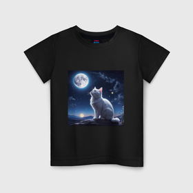 Детская футболка хлопок с принтом Лунный белый кот , 100% хлопок | круглый вырез горловины, полуприлегающий силуэт, длина до линии бедер | Тематика изображения на принте: 