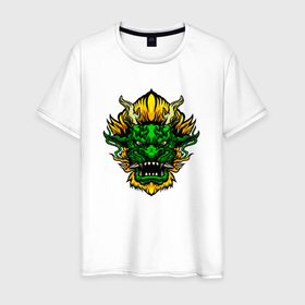 Мужская футболка хлопок с принтом Зеленый разгневанный дракон , 100% хлопок | прямой крой, круглый вырез горловины, длина до линии бедер, слегка спущенное плечо. | 