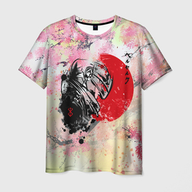 Мужская футболка 3D с принтом Berserk sakura samurai в Кировске, 100% полиэфир | прямой крой, круглый вырез горловины, длина до линии бедер | 
