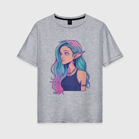 Женская футболка хлопок Oversize с принтом Девушка эльфийка Крутая городская с разноцветными волосами , 100% хлопок | свободный крой, круглый ворот, спущенный рукав, длина до линии бедер
 | 