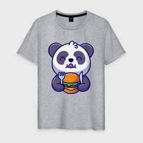 Мужская футболка хлопок с принтом Панда ест чизбургер в Новосибирске, 100% хлопок | прямой крой, круглый вырез горловины, длина до линии бедер, слегка спущенное плечо. | 