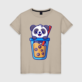 Женская футболка хлопок с принтом Панда в стаканчике в Кировске, 100% хлопок | прямой крой, круглый вырез горловины, длина до линии бедер, слегка спущенное плечо | 