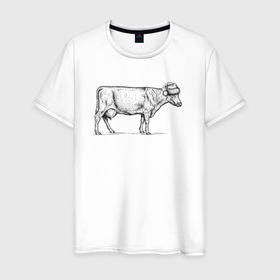 Мужская футболка хлопок с принтом Новогодняя корова сбоку в Новосибирске, 100% хлопок | прямой крой, круглый вырез горловины, длина до линии бедер, слегка спущенное плечо. | 