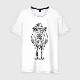 Мужская футболка хлопок с принтом Новогодняя корова анфас в Кировске, 100% хлопок | прямой крой, круглый вырез горловины, длина до линии бедер, слегка спущенное плечо. | 