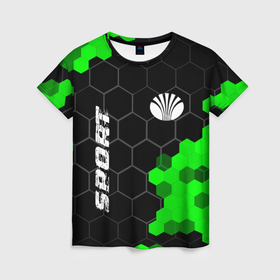 Женская футболка 3D с принтом Daewoo green sport hexagon в Екатеринбурге, 100% полиэфир ( синтетическое хлопкоподобное полотно) | прямой крой, круглый вырез горловины, длина до линии бедер | 