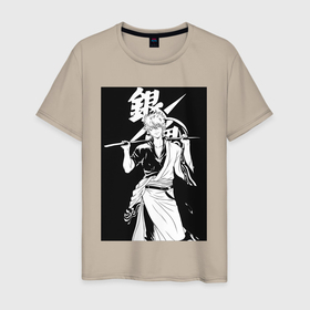 Мужская футболка хлопок с принтом Гинтама Самурай , 100% хлопок | прямой крой, круглый вырез горловины, длина до линии бедер, слегка спущенное плечо. | 