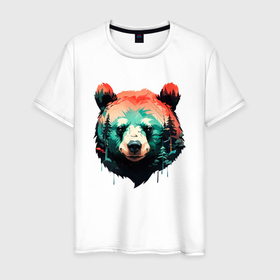 Мужская футболка хлопок с принтом Голова медведя на фоне леса в Белгороде, 100% хлопок | прямой крой, круглый вырез горловины, длина до линии бедер, слегка спущенное плечо. | 