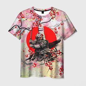 Мужская футболка 3D с принтом Samurai v sakure в Петрозаводске, 100% полиэфир | прямой крой, круглый вырез горловины, длина до линии бедер | Тематика изображения на принте: 
