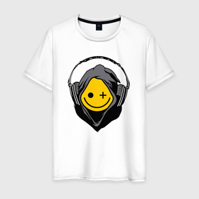 Мужская футболка хлопок с принтом Диджей смайлик в Тюмени, 100% хлопок | прямой крой, круглый вырез горловины, длина до линии бедер, слегка спущенное плечо. | Тематика изображения на принте: 