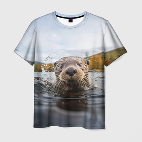 Мужская футболка 3D с принтом Выдра смотрит из воды в Кировске, 100% полиэфир | прямой крой, круглый вырез горловины, длина до линии бедер | 