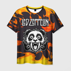 Мужская футболка 3D с принтом Led Zeppelin рок панда и огонь в Курске, 100% полиэфир | прямой крой, круглый вырез горловины, длина до линии бедер | Тематика изображения на принте: 