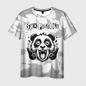 Мужская футболка 3D с принтом Sex Pistols рок панда на светлом фоне в Тюмени, 100% полиэфир | прямой крой, круглый вырез горловины, длина до линии бедер | 