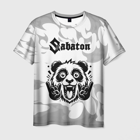 Мужская футболка 3D с принтом Sabaton рок панда на светлом фоне в Санкт-Петербурге, 100% полиэфир | прямой крой, круглый вырез горловины, длина до линии бедер | 