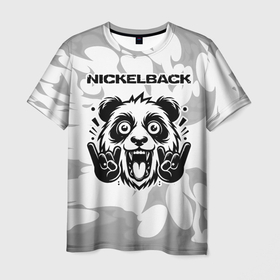 Мужская футболка 3D с принтом Nickelback рок панда на светлом фоне в Санкт-Петербурге, 100% полиэфир | прямой крой, круглый вырез горловины, длина до линии бедер | 